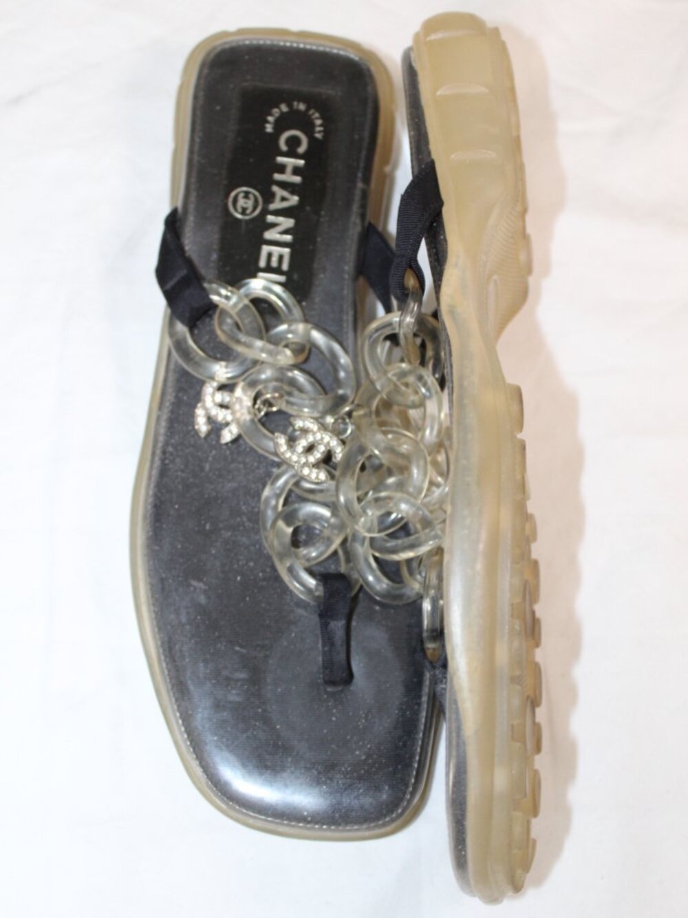 Chanel Jelly Chain Clear CC Studded Charm Thong Sandals 37.5 US 7.5 9.25 Insole - Picture 2 of 8
